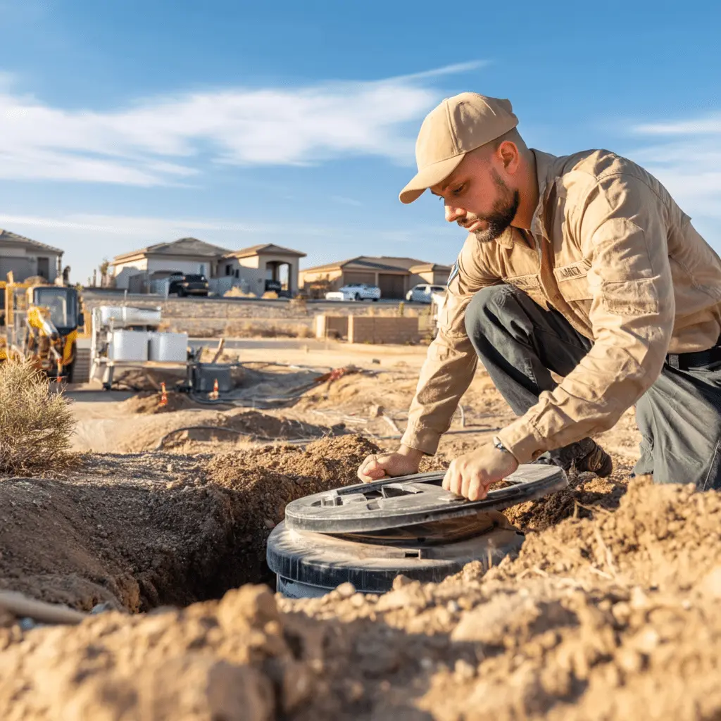 Septic technician inspecting an outdoor system access point