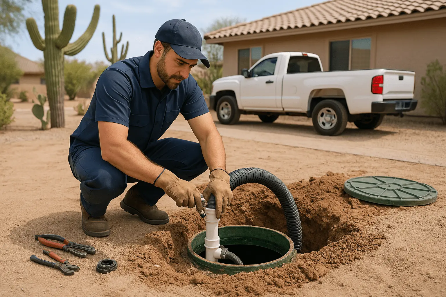 Local septic technician pumping an Arizona septic tank
