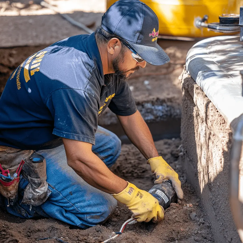 Septic technician repairing a system component at an Arizona property