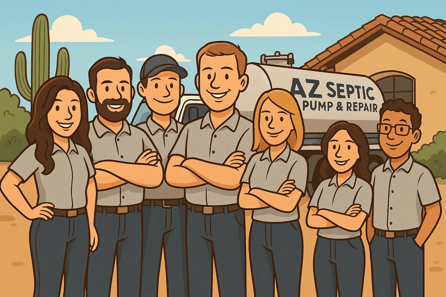 Cartoon illustration of the AZ Septic Pump and Repair team with their pump truck